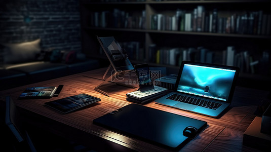 电脑办公桌面背景图片_夜间黑暗办公室办公桌上数字平板电脑触摸板过度劳累的 3D 渲染
