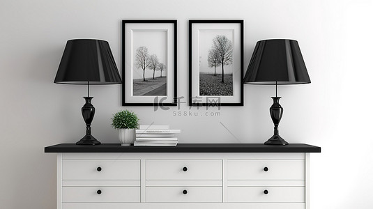 白色剪影背景图片_时尚的黑色抽屉套装，配有配套的台灯和 3D 创作的白色框架艺术品