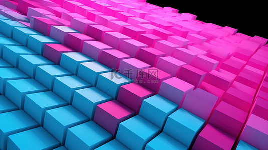 动起来背景图片_几何和技术在蓝色粉红色霓虹灯下平行四边形图案背景下的白色立方体行的 3D 插图中变得生动起来