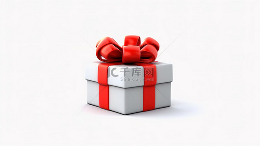 白色背景上带有红丝带的独立礼品盒的 3D 渲染