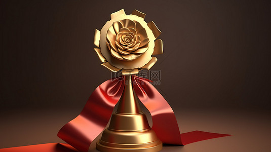 金徽章和絲帶背景图片_棕色背景 3D 渲染金色奖杯，带有红色玫瑰花结和获胜者标志