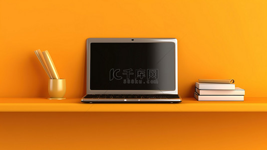电脑放在桌子上背景图片_放在橙色架子上的笔记本电脑的垂直 3D 插图