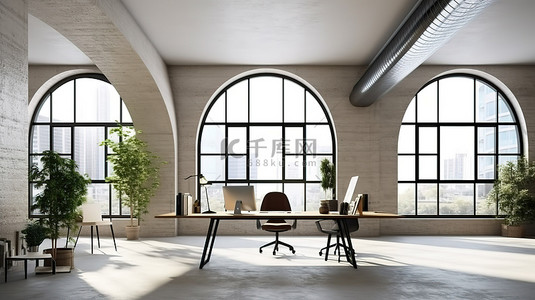 工业企业背景背景图片_办公室的 3D 渲染，带有工业阁楼风格的拱形窗户和带混凝土地板的白色砖墙
