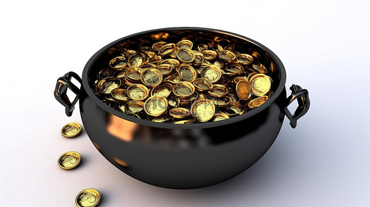 圣帕特里克格子背景图片_白色背景的 3D 渲染，铁锅里装满了金币