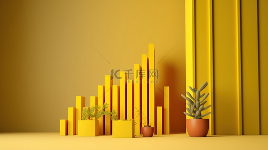 绩效增长背景图片_3D 渲染插图，描绘黄色条形图，展示业务增长和成功