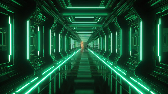 未来设置的带有照明墙的霓虹灯绿色几何宇宙隧道的 3D 插图