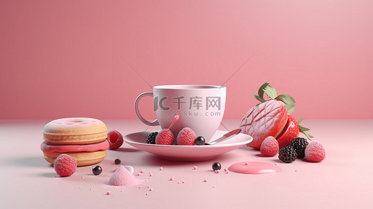 卡通简约蛋糕背景图片_粉红色背景下的美国小吃和咖啡与草莓蛋糕的简约 3D 设计