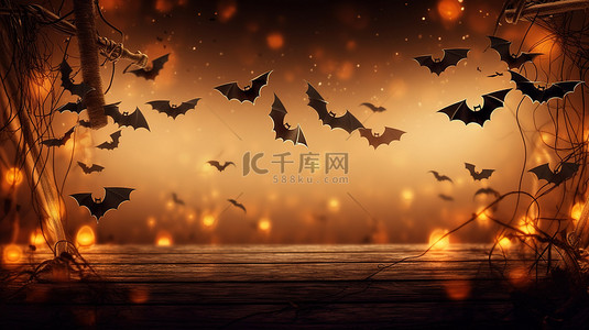 秋季保健背景图片_3d 万圣节背景与飞行蝙蝠横幅