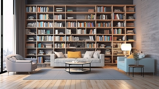 现代客厅和时尚书柜，配有图书馆风格的家具和 3D 创建的成排书籍