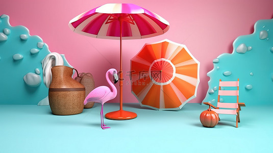 水帽背景图片_海滩日逍遥游火烈鸟浮动相机伞沙滩球太阳镜和椅子夏季概念的 3D 插图