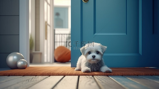 一只耐心的小狗在前门等待的 3D 渲染