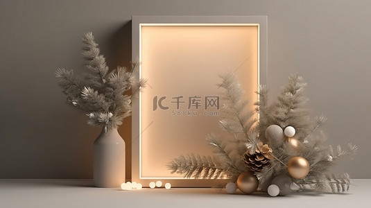 圣诞花束背景图片_轻框样机 3D 渲染中的松枝花束和电花环
