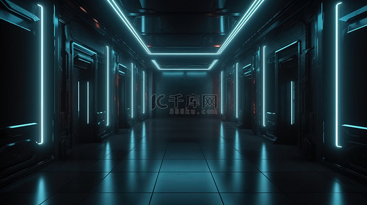 科幻空间背景背景图片_科幻空间未来背景，混凝土房间 3D 渲染中带有发光的霓虹灯