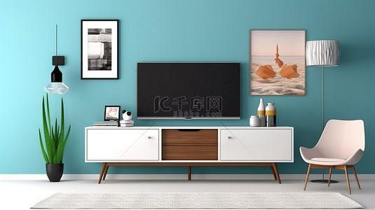 现代电视柜配有蓝色墙壁和装饰相框，3D 渲染令人惊叹的房间设计