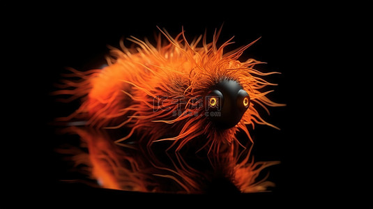 关闭了在黑暗深渊中游泳的荧光橙色毛茸茸生物的 3D 插图