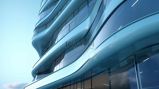 时尚现代的天际线 3D 渲染带有弧形玻璃窗的未来派摩天大楼