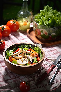 拉花背景图片_鸡肉沙拉沙拉配西红柿和绿叶在碗里
