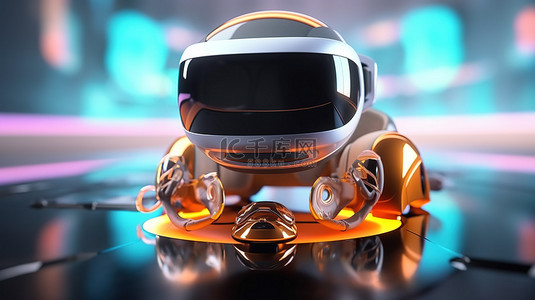 元宇宙概念背景图片_在元宇宙概念中的光滑桌子上探索现代 VR 头盔和操纵杆的虚拟世界 3D 渲染