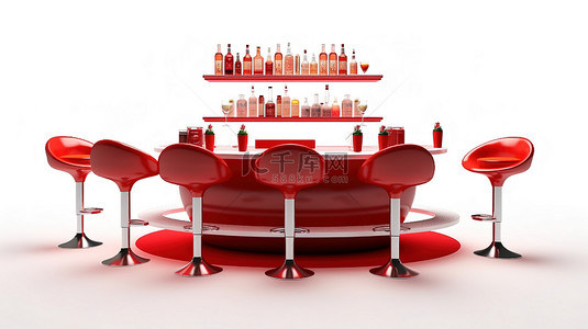 现代酒吧凳子，白桌背景 3d 渲染上配有红色热带鸡尾酒