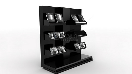 宣传展示架背景图片_黑色 lcd 贸易展摊位的 3d 渲染，配有 lcd 展示架和杂志架，隔离在白色背景上
