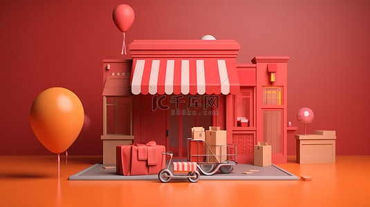 手机贴纸样机背景图片_移动商店的 3D 渲染，配有硬币和包裹盒，非常适合在线购物概念和交付背景
