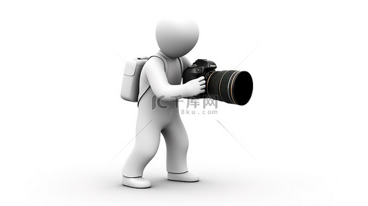 白色背景人物背景图片_3D 摄影师手中的数码相机在白色背景渲染图像上