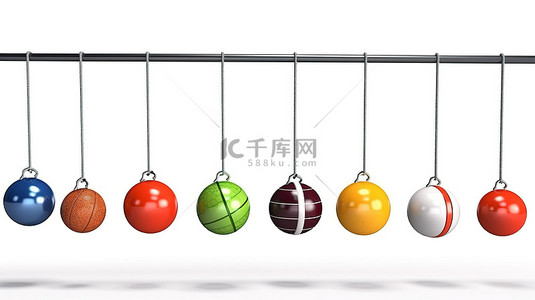 乒乓球球背景图片_牛顿的摇篮，带有扭转乒乓球网球足球篮球和沙滩球，悬挂在 3D 渲染的绳索上