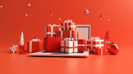 圣诞礼物赠送和网上购物的节日欢乐 3D 效果图