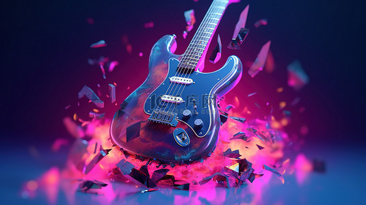 破碎的吉他碎片在霓虹灯照明 3D 插图中飞翔