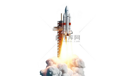 科技地球白色背景图片_白色背景下火箭发射卫星的 3d 渲染