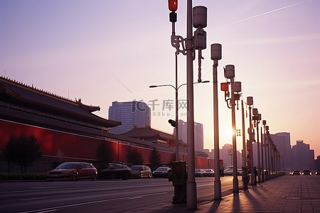 紫禁城背景图片_北京的日落路灯和建筑物