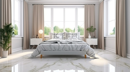 带花岗岩地砖的经典白色卧室 3D 渲染图像