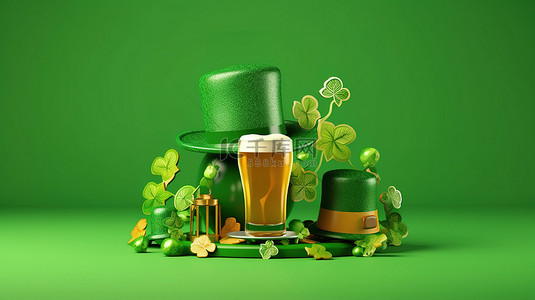明亮的绿色背景的 3D 渲染，带有欢快的圣帕特里克节问候讲台啤酒杯和绿帽子