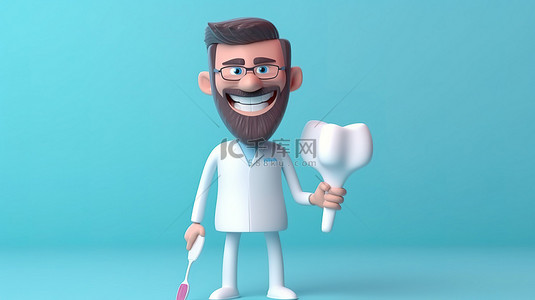 牙治疗背景图片_卡通风格 3D 插图牙医拿着牙刷和牙齿进行牙齿卫生和治疗