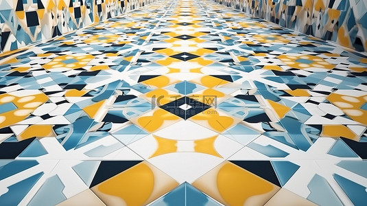 马赛克地板设计中黄色白色和蓝色图案的几何装饰风格 3D 插图