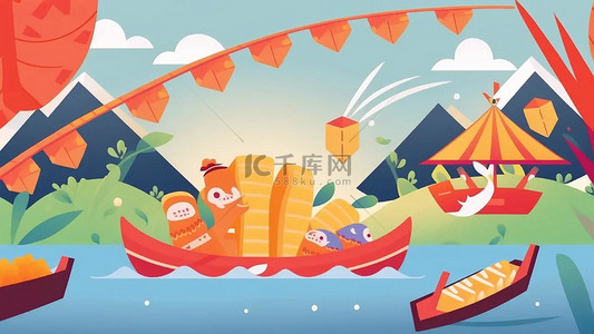 龙舟上的卡通粽子背景图片_端午节水上龙舟