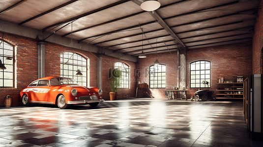 工业阁楼风格车库与时尚汽车的 3D 渲染