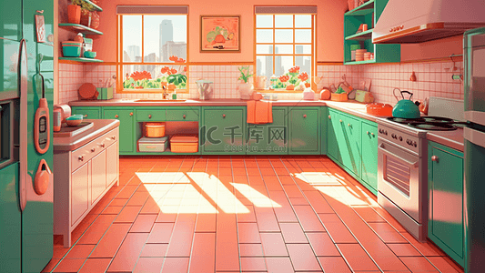 厨房粉绿色整洁可爱背景