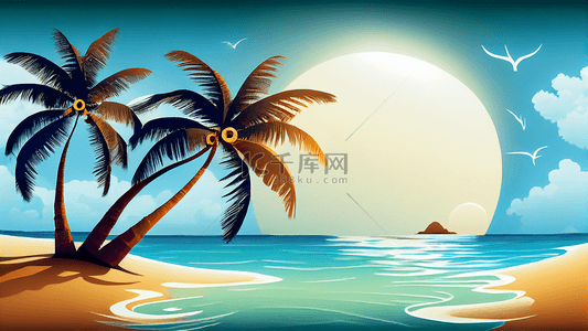 桉树卡通背景图片_夏天椰子树日出背景