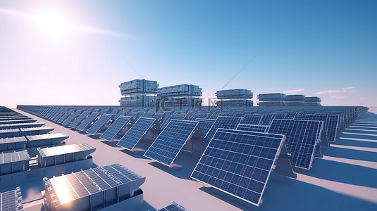 3d 中的太阳能电池板模块渲染了蓝天替代能源发电的一步