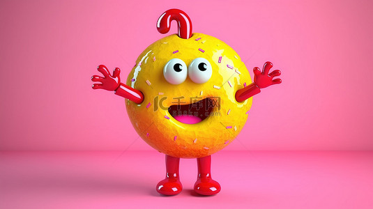 3D 渲染的人物吉祥物，手持黄色背景上带有红色问号的釉面粉色草莓甜甜圈