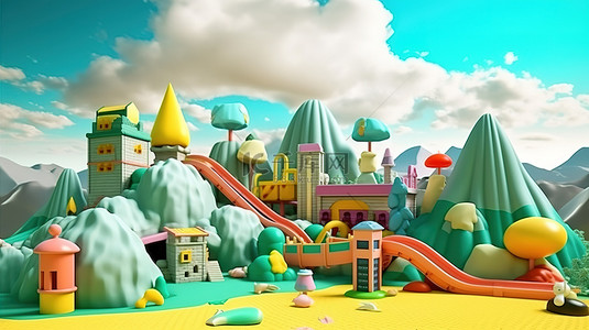卡通的天空背景背景图片_色彩缤纷的天然游乐场的 3D 插图，为孩子们提供山和云的点缀