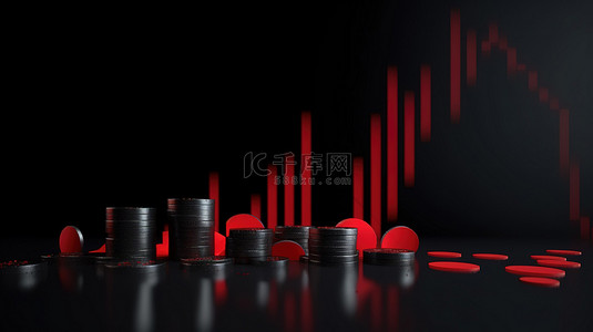 金融红色背景图片_红色条形图和下降箭头伴随 3D 渲染的加密货币硬币