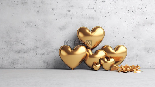 白色混凝土背景装饰着金色心形气球水平横幅与 3D 渲染插图新年庆祝活动