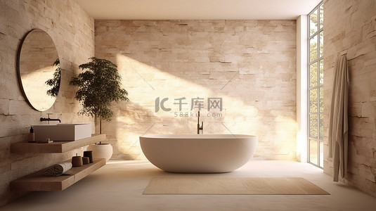 砖石背景图片_具有简约设计的时尚砖石浴室的 3D 渲染