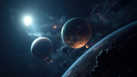 星球大战宇宙飞船背景图片_具有系外行星的遥远行星系统的 3D 渲染