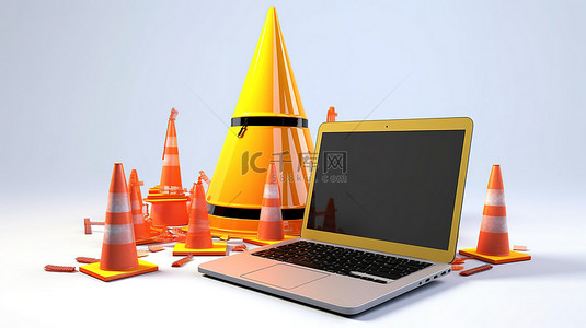 网站正在建设中背景图片_正在施工的笔记本电脑的 3D 渲染，白色背景上带有橙色交通锥和黄色塔式起重机
