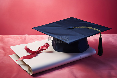 粉色背景上的毕业生文凭和毕业帽