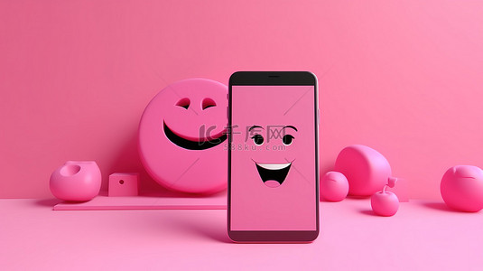 3D 渲染中充满活力的粉红色背景上带有表情符号的空白屏幕智能手机