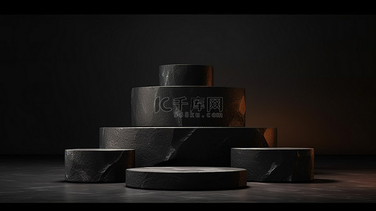3d 渲染中黑色背景上带有黑色石制讲台的产品展示架的插图